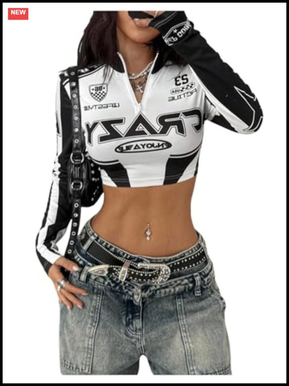 Womens Y2k Letter Racing Crop Top Long Sleeve Half Zip Streetwear Tee